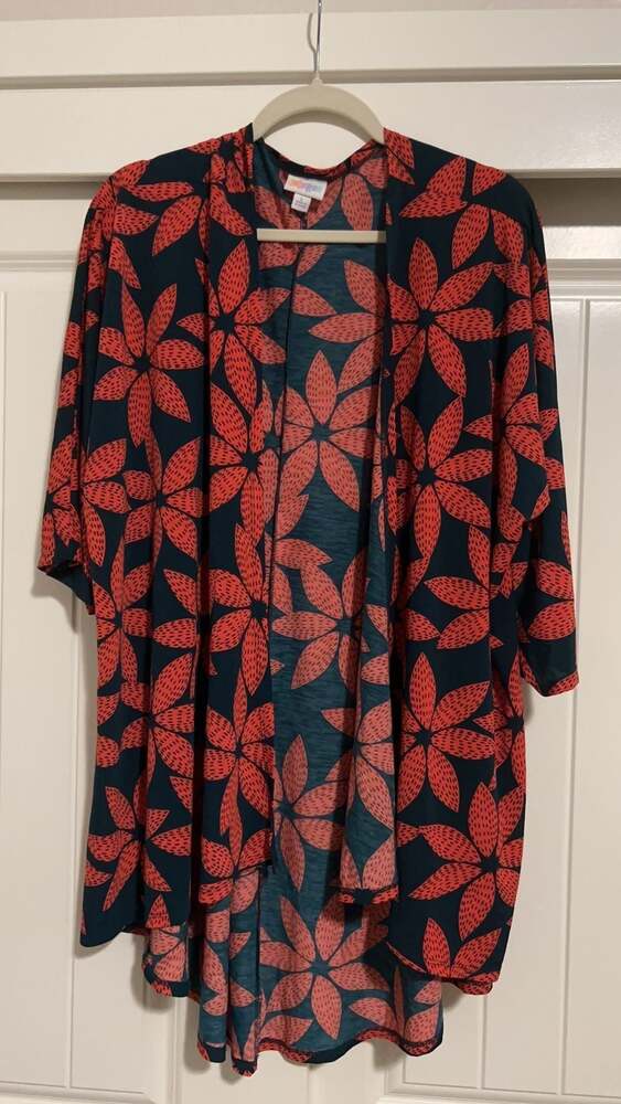 LuLaRoe Lindsay Black, Orange, and Green Floral Kimono Cardigan, Size Large